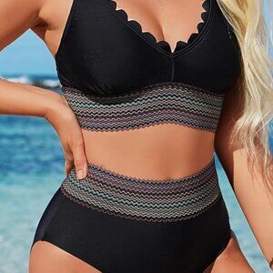 (S) NWT 2  PIECE Scallop Edged Top w/ High waisted bottom Thick Colorful Bands